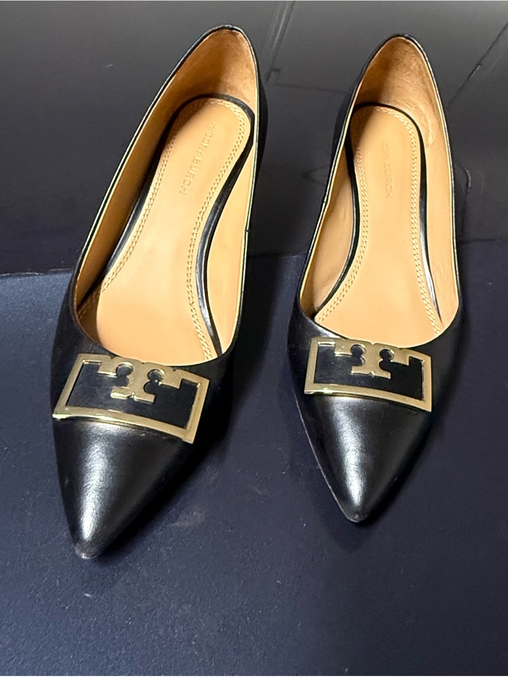 Tory Burch Black Calf Leather Wedge With Gold Logo Plaque. Shoe Box Included.